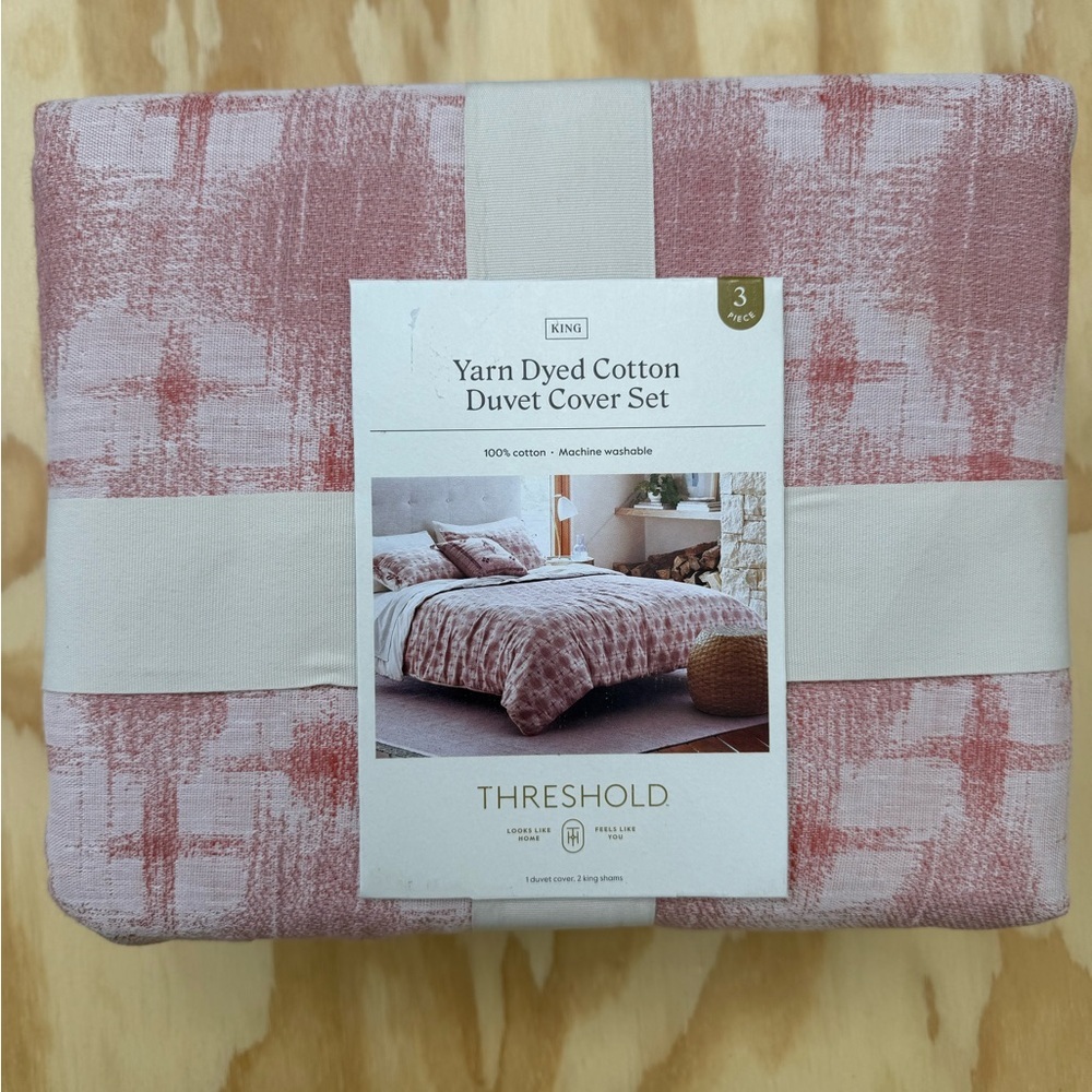 Threshold King Yarn Dye Ikat Duvet Cover and Sham Set Ivory/Mauve Cotton Slub - Picture 7 of 11